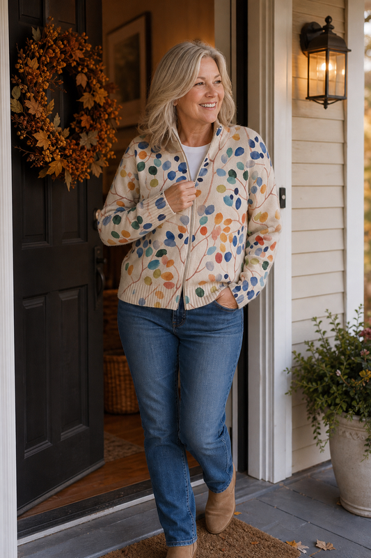 Botanical print zip-up bomber cardigan worn with blue jeans, full front view.