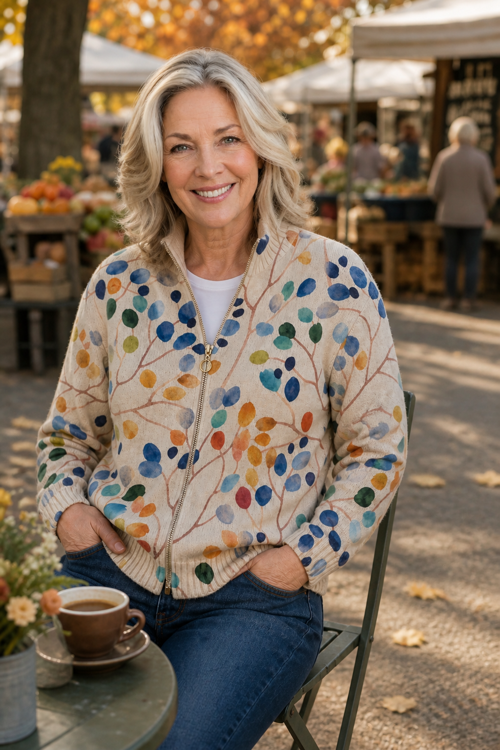 Botanical Print Zip-Up Bomber Cardigan