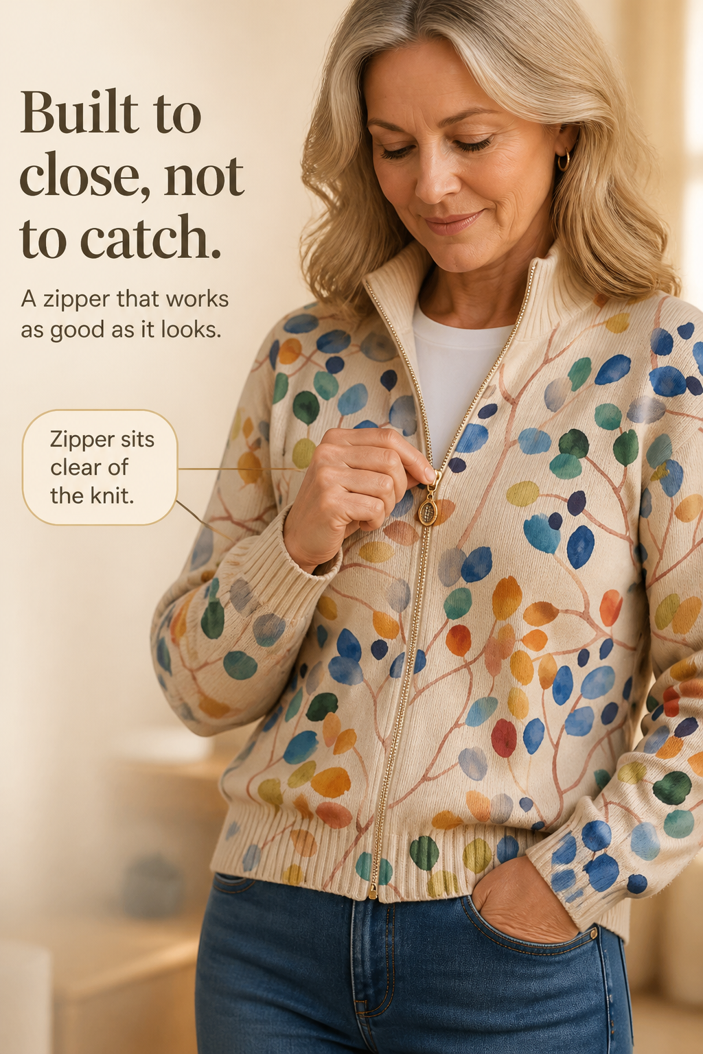 Botanical Print Zip-Up Bomber Cardigan