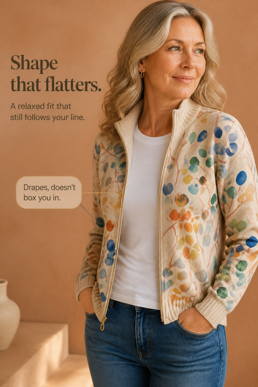 Botanical Print Zip-Up Bomber Cardigan