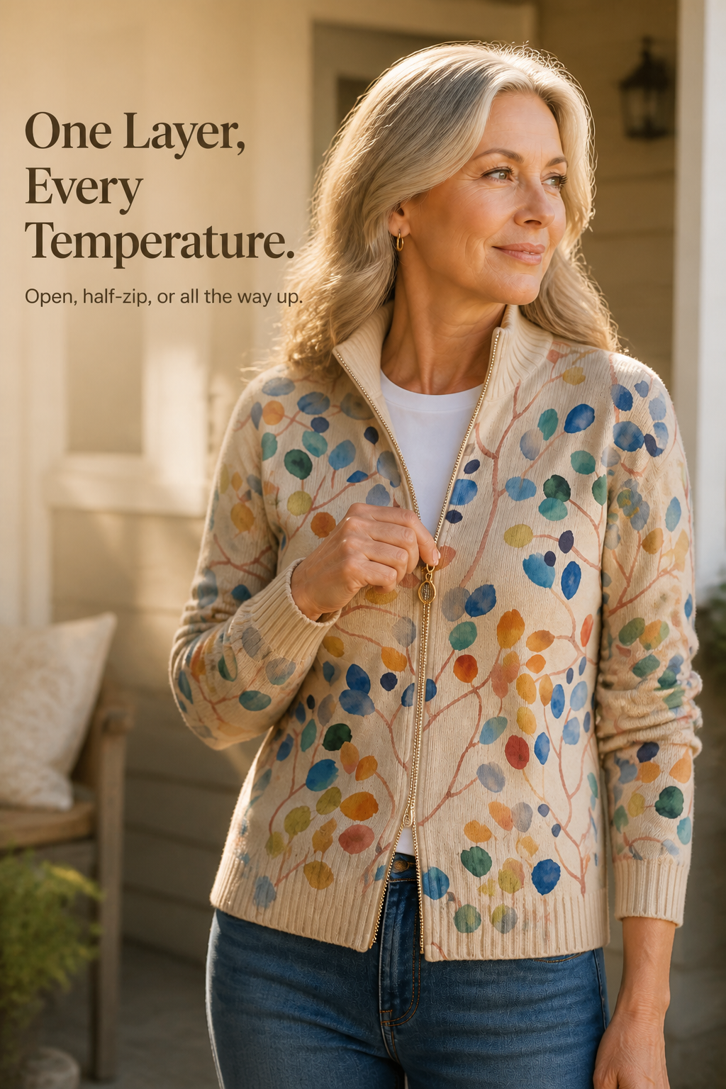 Botanical Print Zip-Up Bomber Cardigan