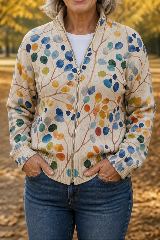 Zip-up botanical bomber cardigan with multicolor leaf print and stand collar zipper