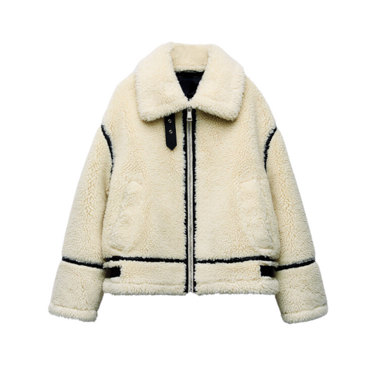 Boxy shearling jacket with large collar, zip front, black stripe trim, off-white