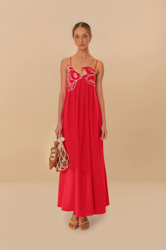 Red spaghetti-strap maxi dress with white fish print