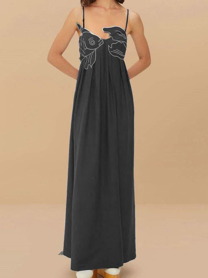 Black spaghetti-strap maxi dress with white fish outline print