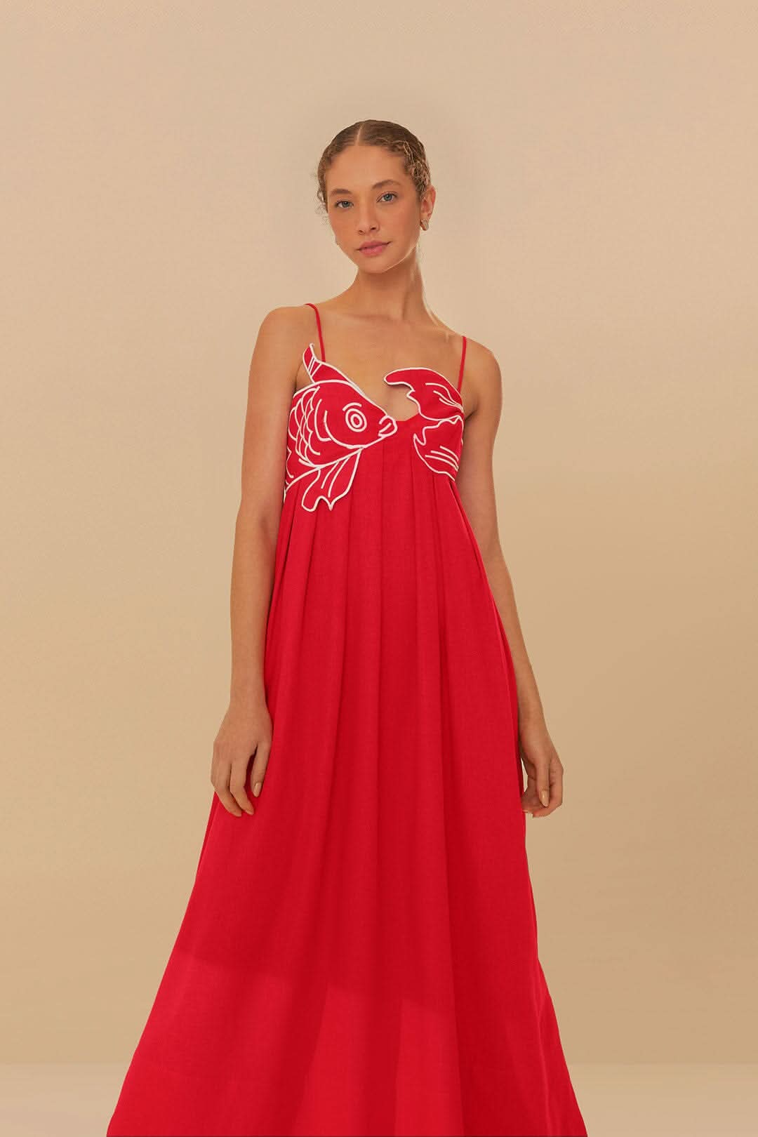 Red spaghetti-strap maxi dress with large white fish graphic