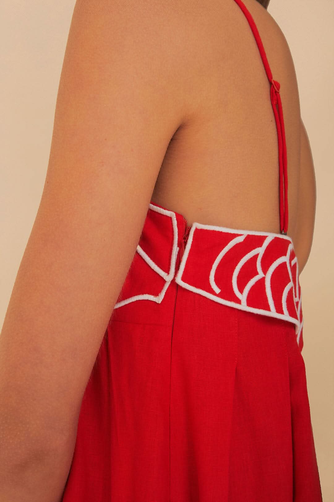 Red spaghetti-strap maxi dress with white lattice-trim back panel