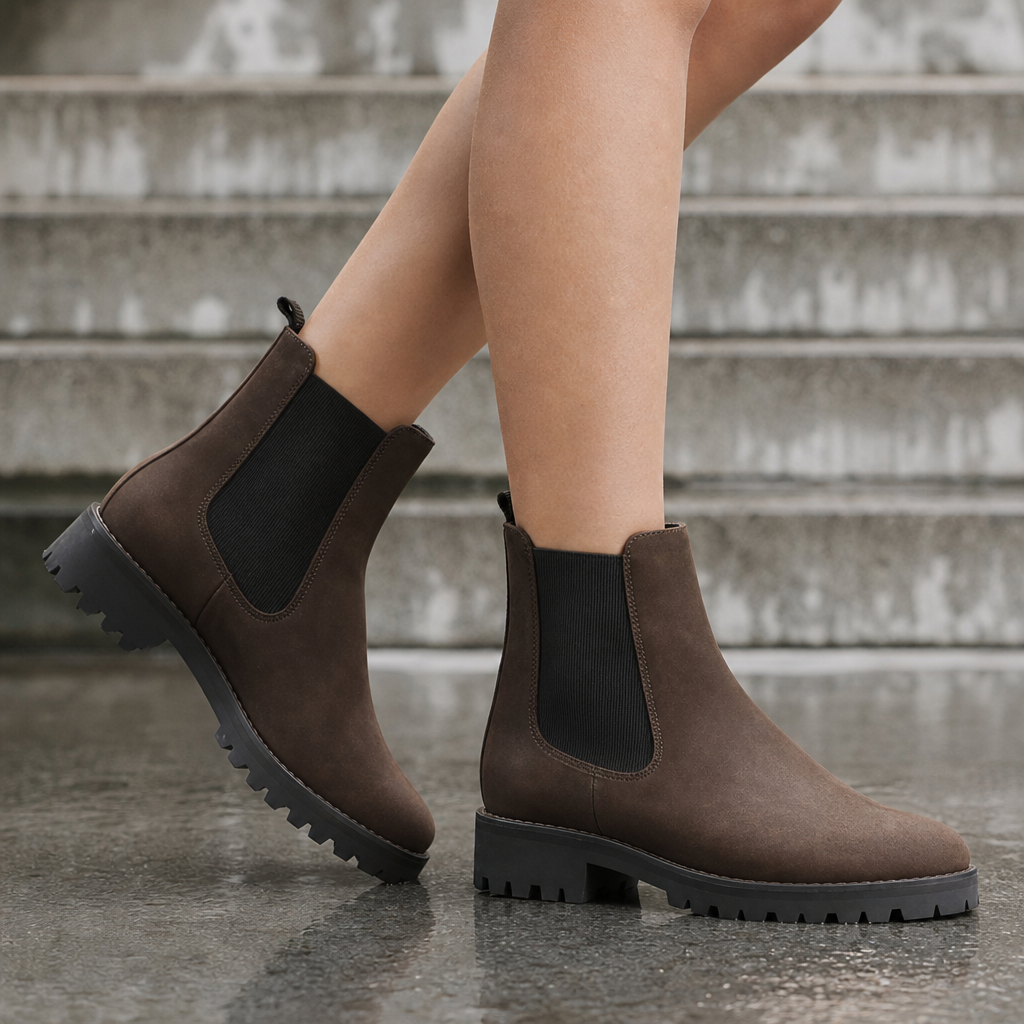 Two-tone brown Chelsea ankle boots with black elastic gore and lug tread sole