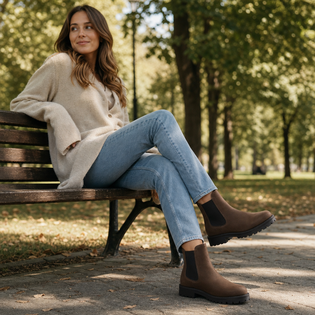 Brown Chelsea ankle boots with elastic sides and platform-style lug sole.