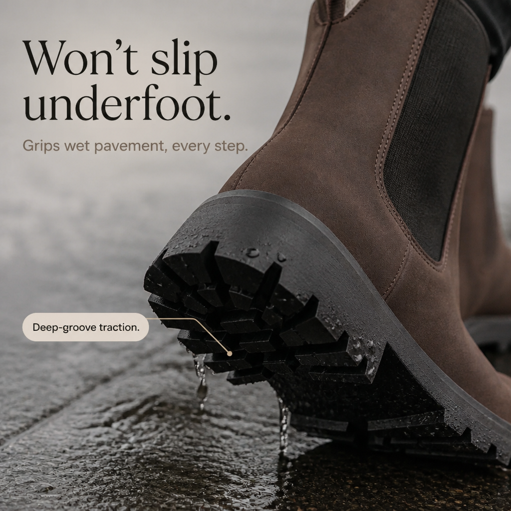 Brown Chelsea ankle boot close-up with elastic gore and deep tread outsole.
