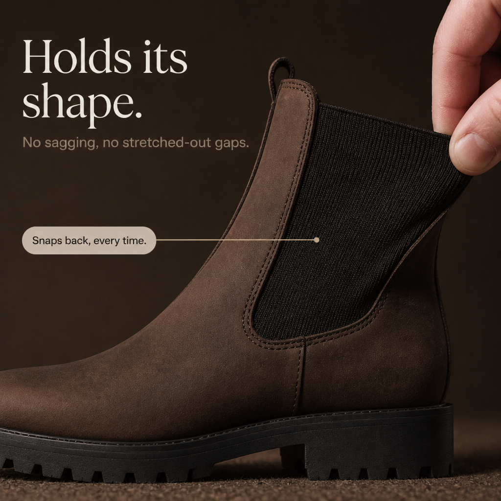 Dark brown Chelsea ankle boots with black elastic side panels and chunky tread sole