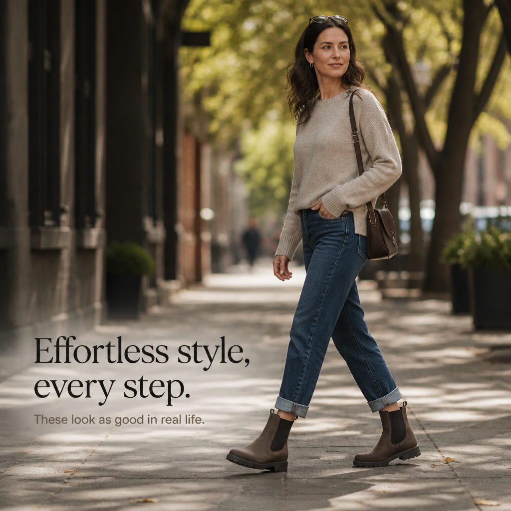 Brown Chelsea ankle boots with elastic side panels and rugged black tread sole