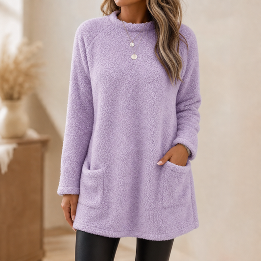 Lavender brushed-fleece long-sleeve tunic top with crew neck and front button placket
