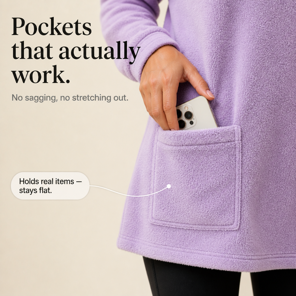 Lavender tunic top detail with front patch pocket holding a smartphone