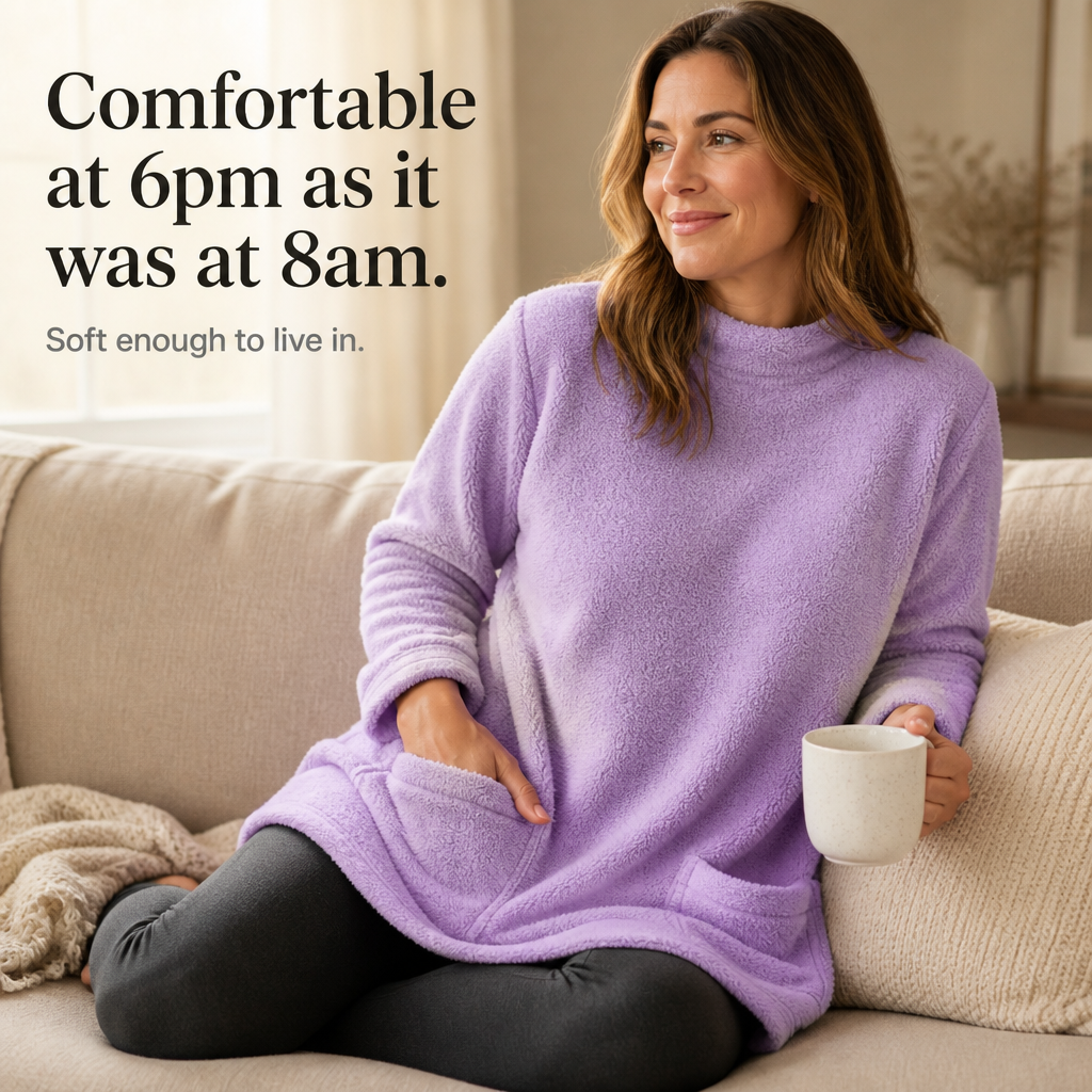 Lavender long-sleeve tunic top with front patch pockets and crew neckline