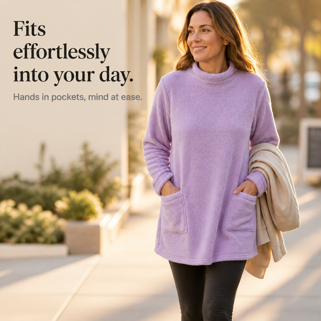 Lavender long-sleeve tunic top with side patch pockets and crew neck