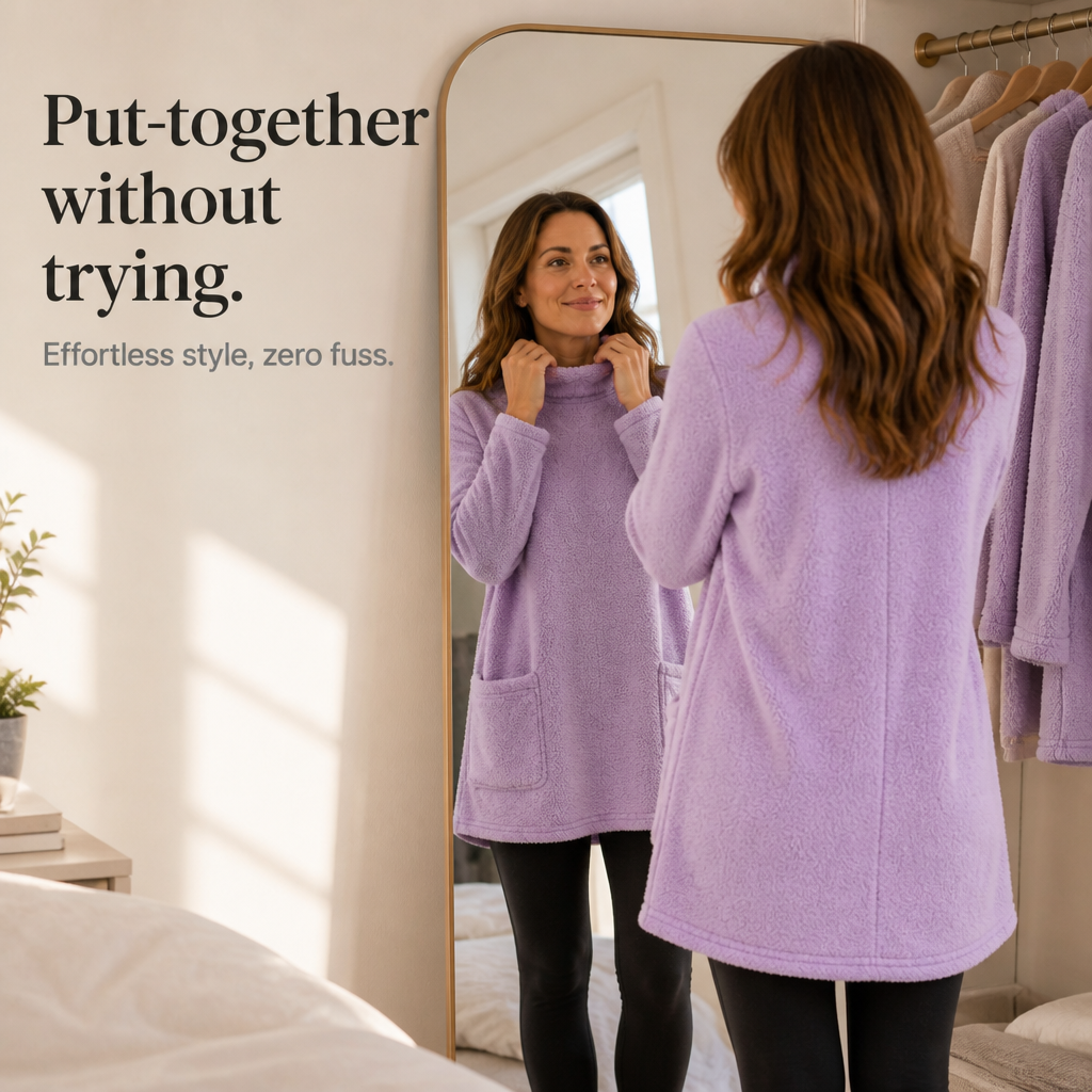 Lavender long-sleeve tunic top with front patch pockets and crew neck