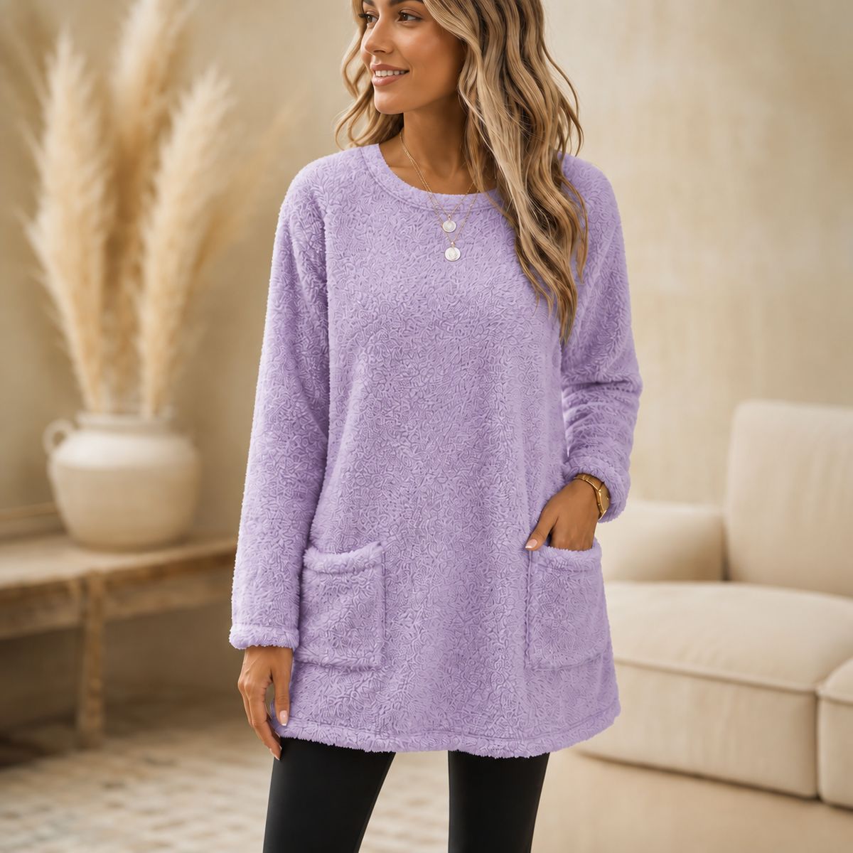 Lavender brushed-fleece long-sleeve tunic top with crew neck and patch pockets