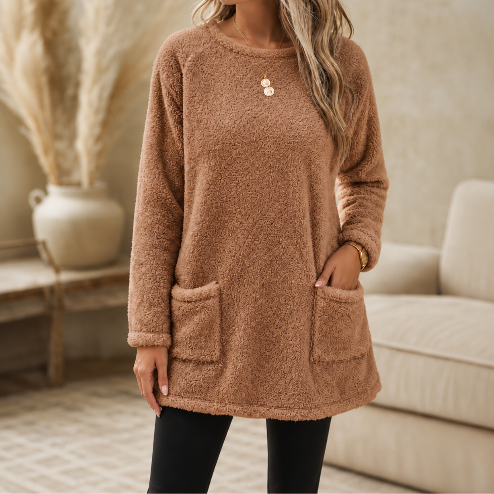Brushed-lining long-sleeve tunic top in camel brown with front patch pockets