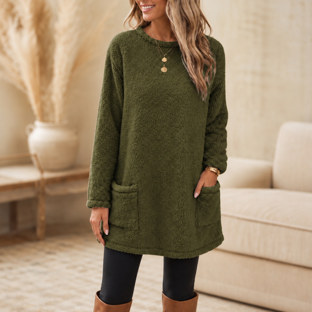Brushed-lining long-sleeve tunic top in olive green with front patch pockets
