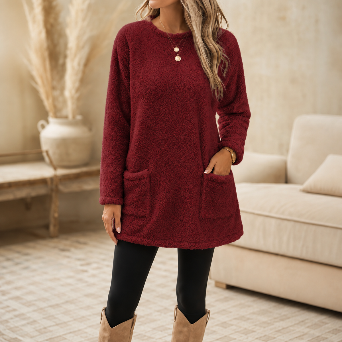 Brushed-lining long-sleeve tunic top in burgundy with front patch pockets