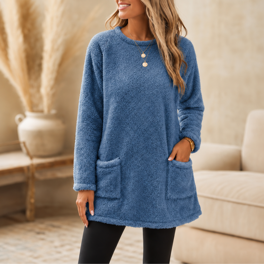 Brushed-lining long-sleeve tunic top in denim blue with front patch pockets
