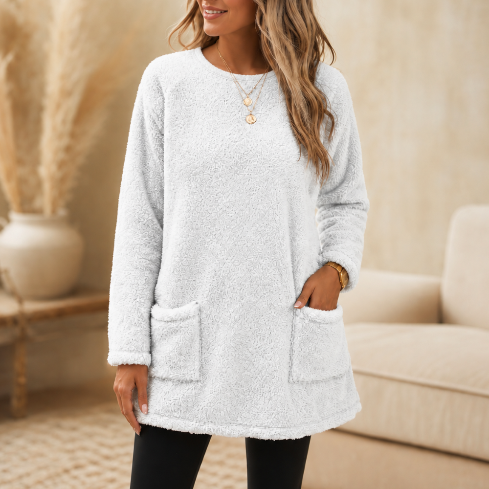 Brushed-lining long-sleeve tunic top in white with front patch pockets