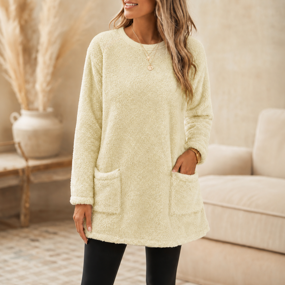 Brushed-lining long-sleeve tunic top in cream with front patch pockets