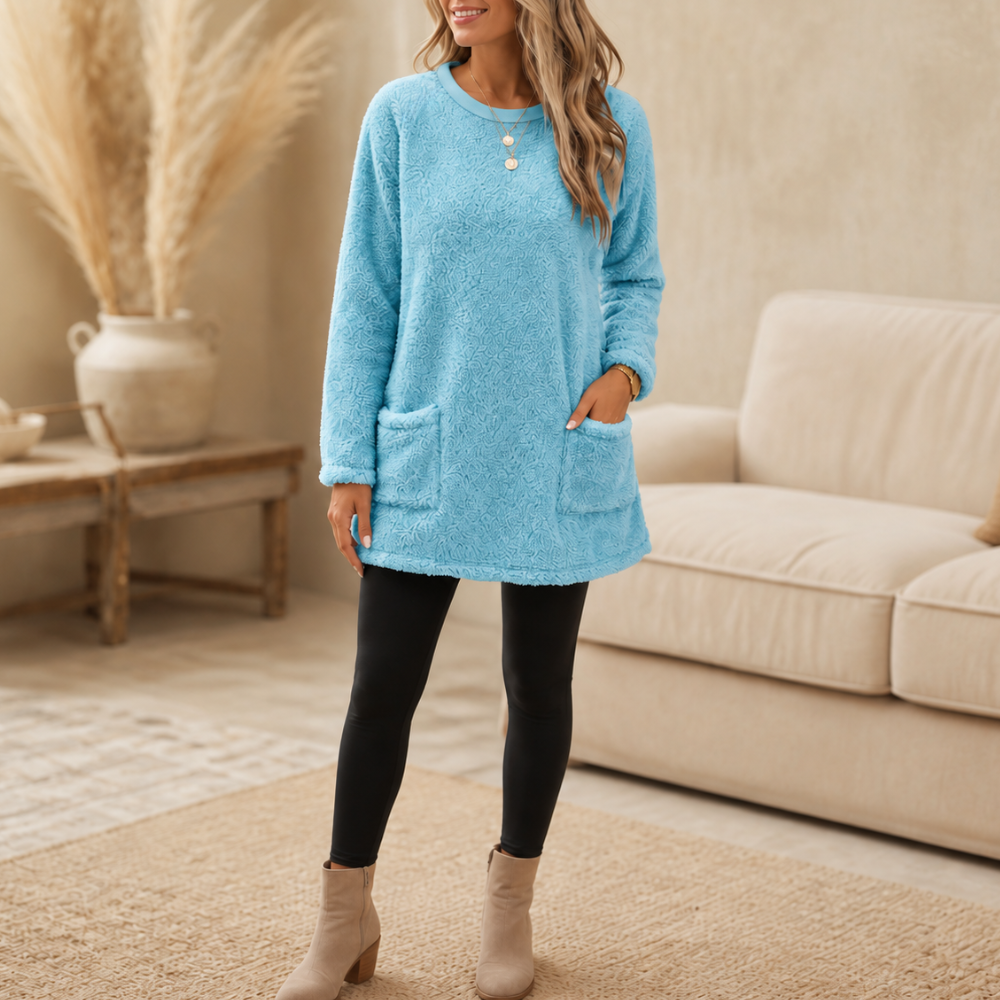 Brushed-lining long-sleeve tunic top in sky blue with front patch pockets