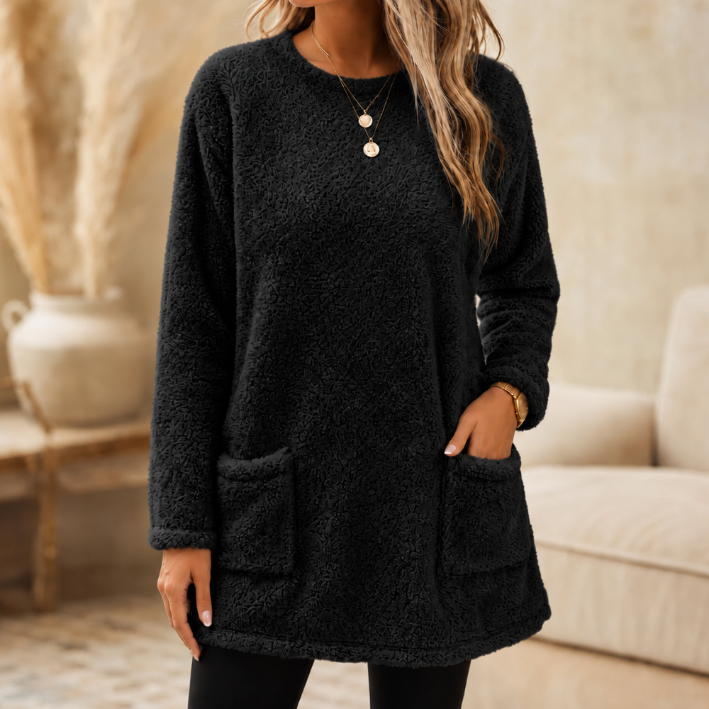 Brushed-lining long-sleeve tunic top in black with front patch pockets