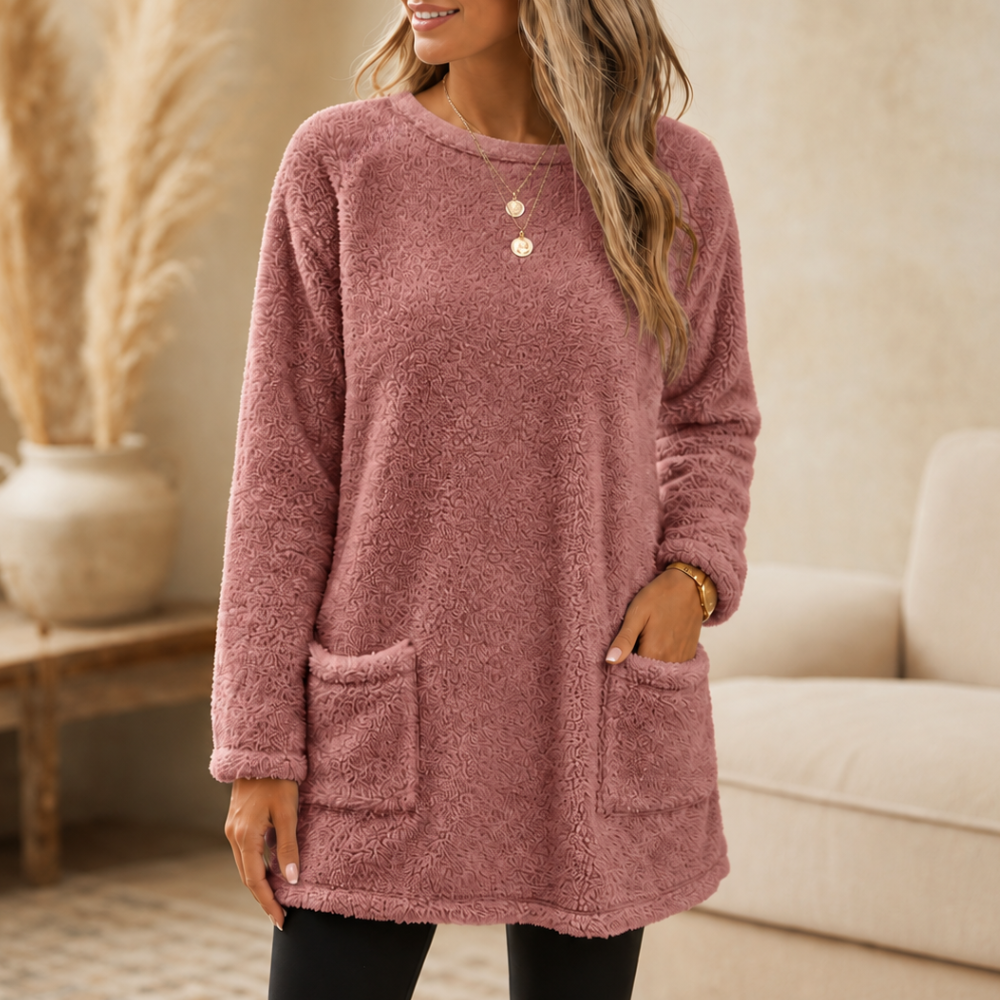Brushed-lining long-sleeve tunic top in lavender mauve with front patch pockets