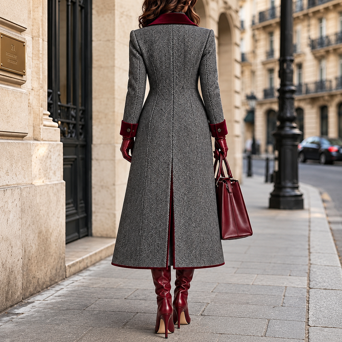 Burgundy Herringbone Long Coat