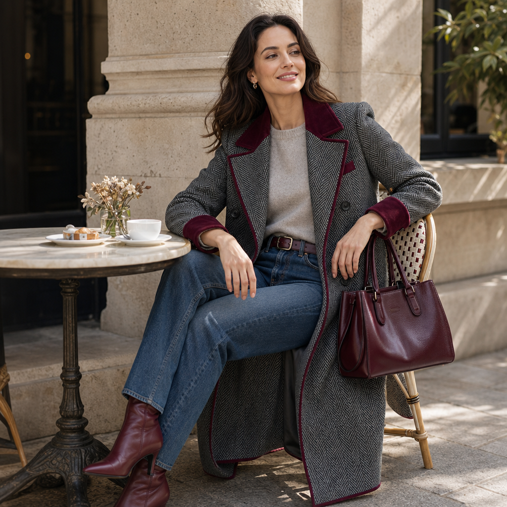 Burgundy Herringbone Long Coat