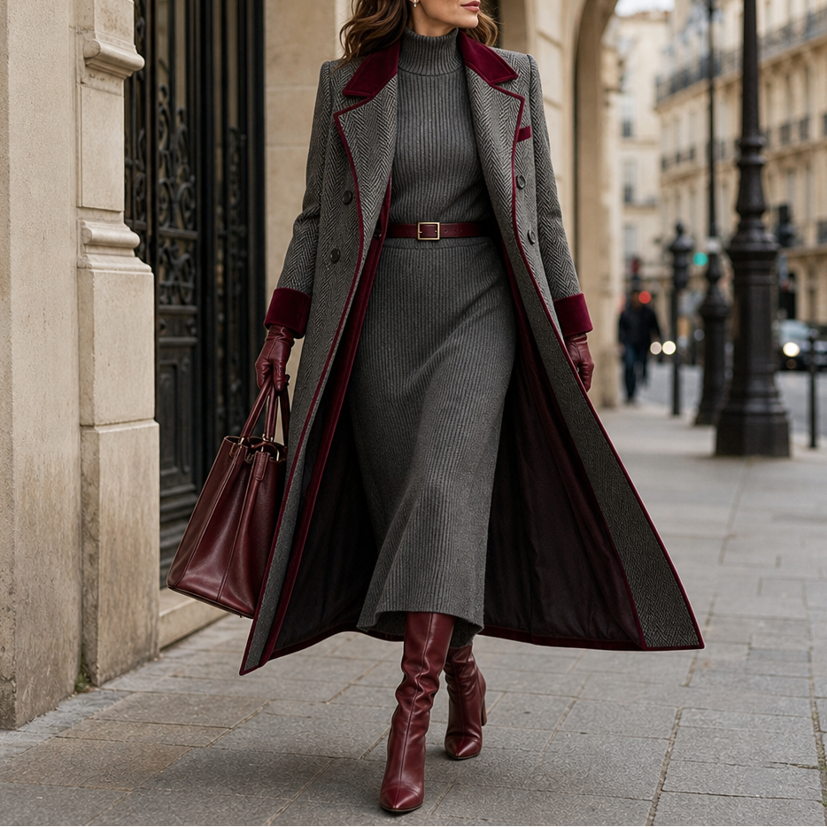 Burgundy Herringbone Long Coat