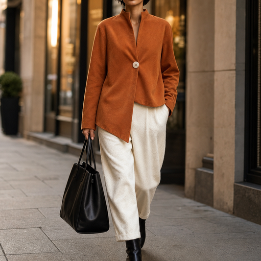 Burnt orange asymmetrical jacket with round button closure and long sleeves