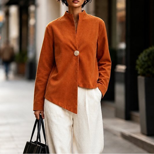 Burnt orange asymmetrical statement jacket with stand collar and button-front closure