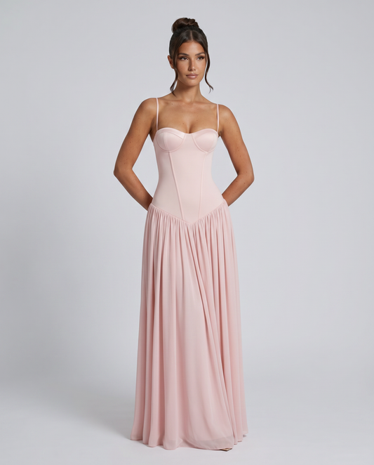 Pink corset maxi dress with sweetheart neckline and pleated bodice