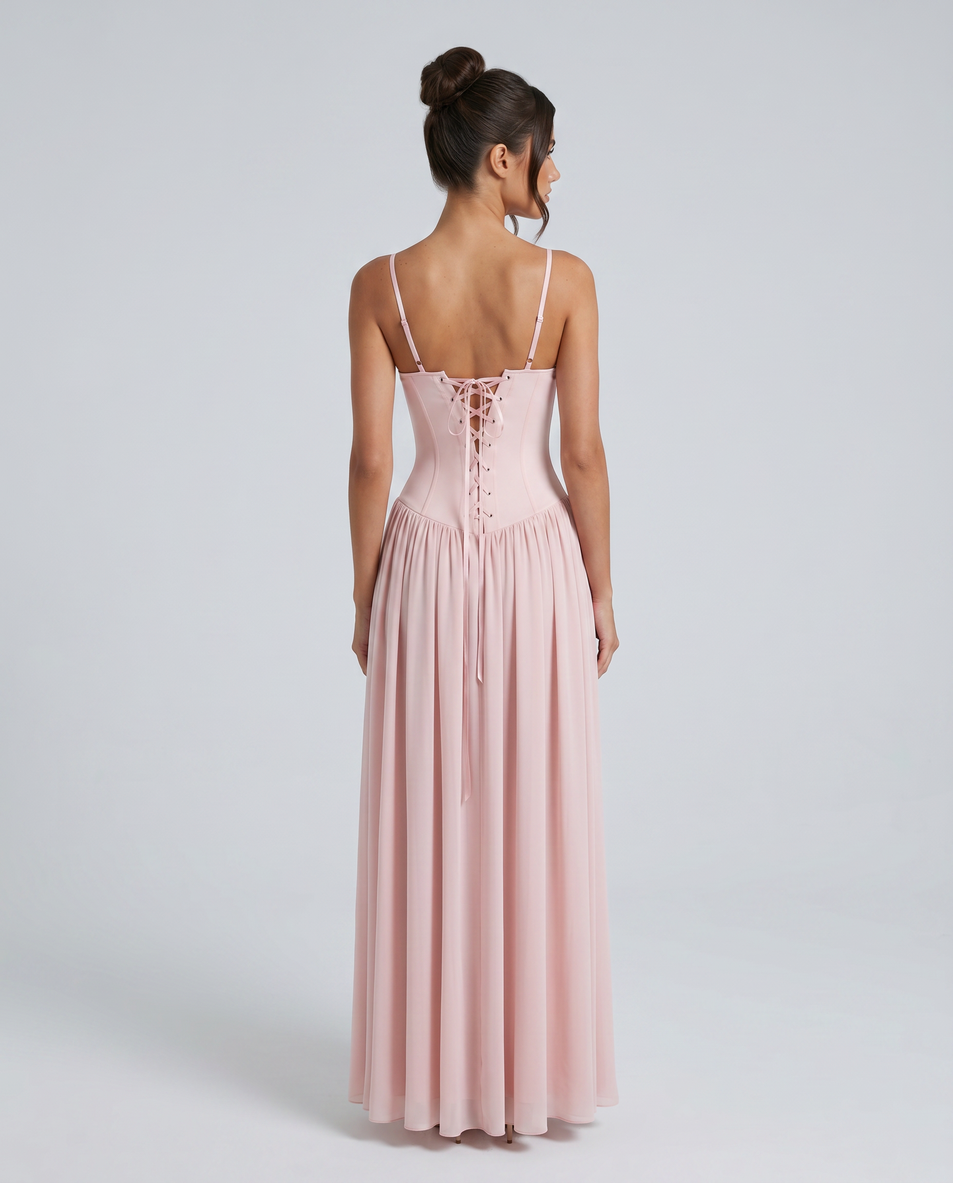 Pink corset maxi dress with spaghetti straps and lace-up back