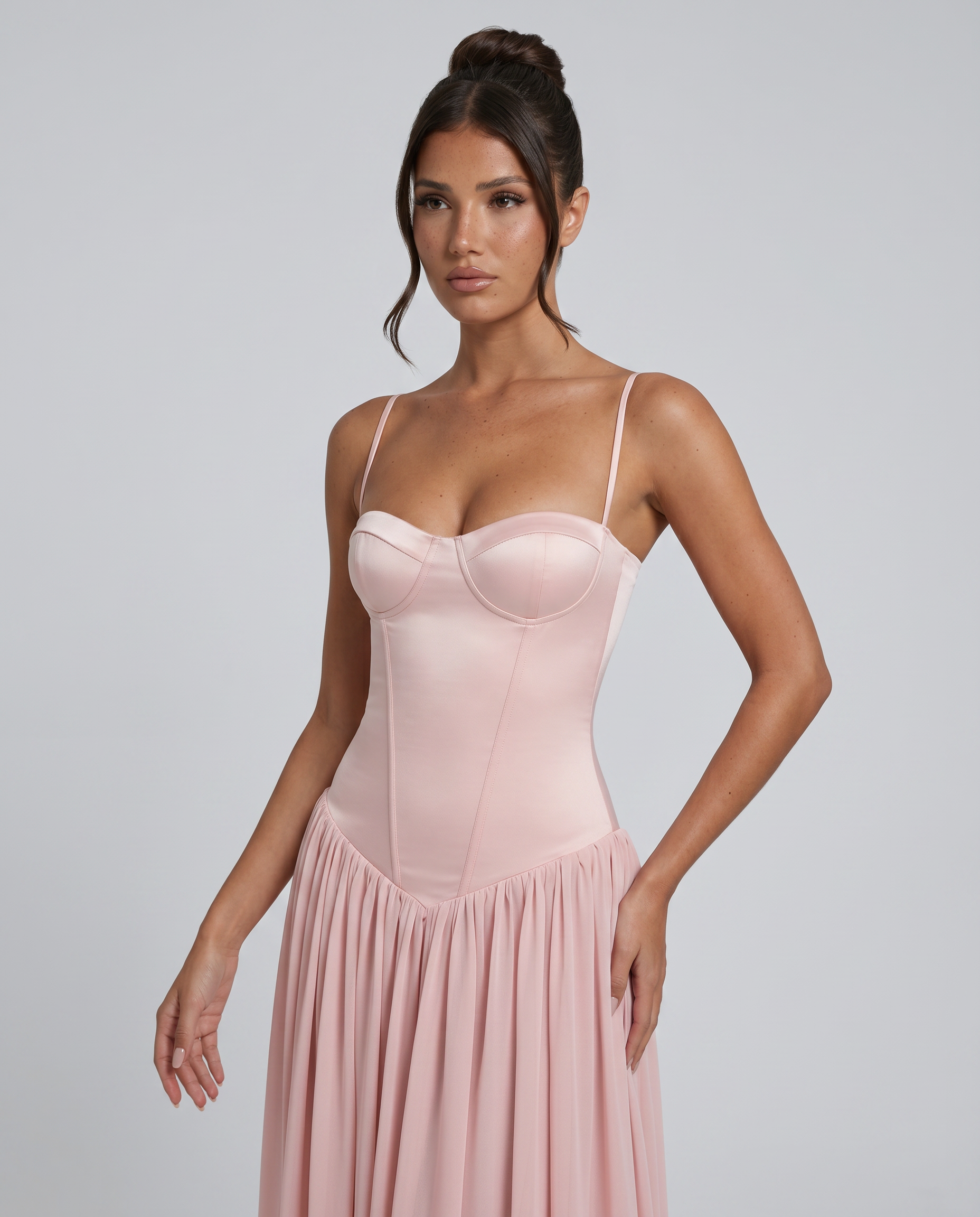 Pink corset maxi dress with sweetheart bust and ruched skirt