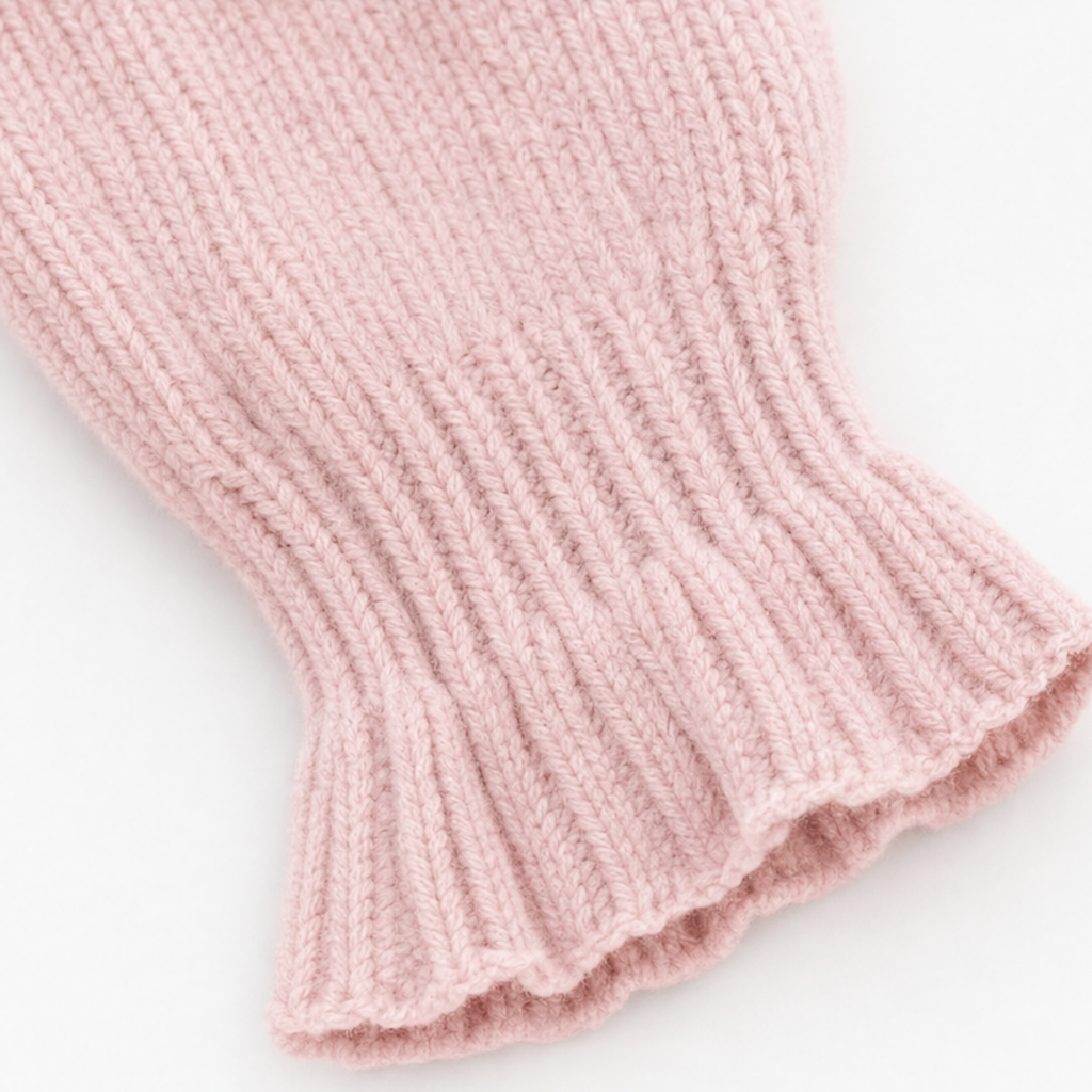 Pink knit sweater sleeve cuff with ribbed knit and ruffled hem