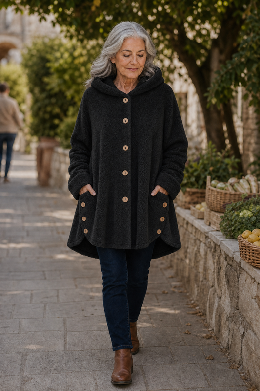 Women’s fleece-look shirt jacket in black, long sleeves, hood, button-front, side pockets