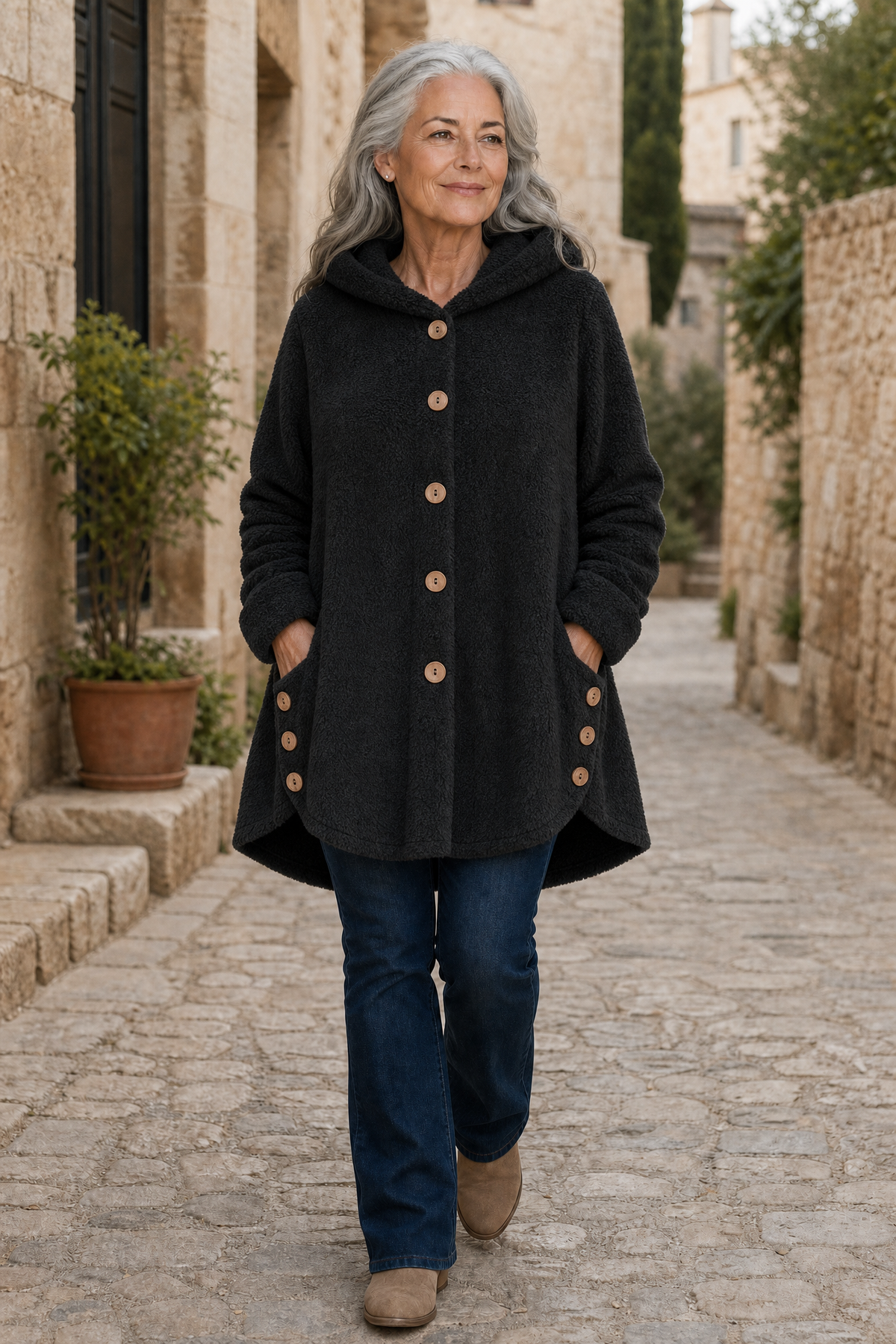 Button-Front Fleece-Look Shirt Jacket