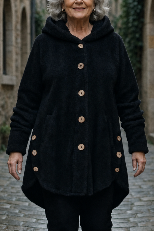 Black fleece-look hooded shirt jacket with button front and side snap pockets