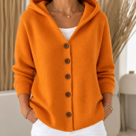 Orange hooded cardigan with front button placket and ribbed cuffs