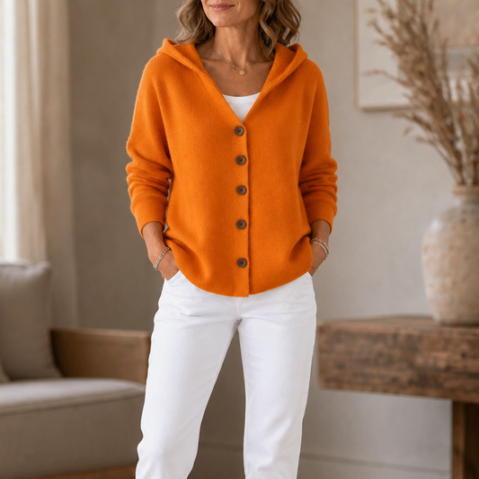 Orange hooded button-front cardigan with long sleeves, front button placket and pockets.