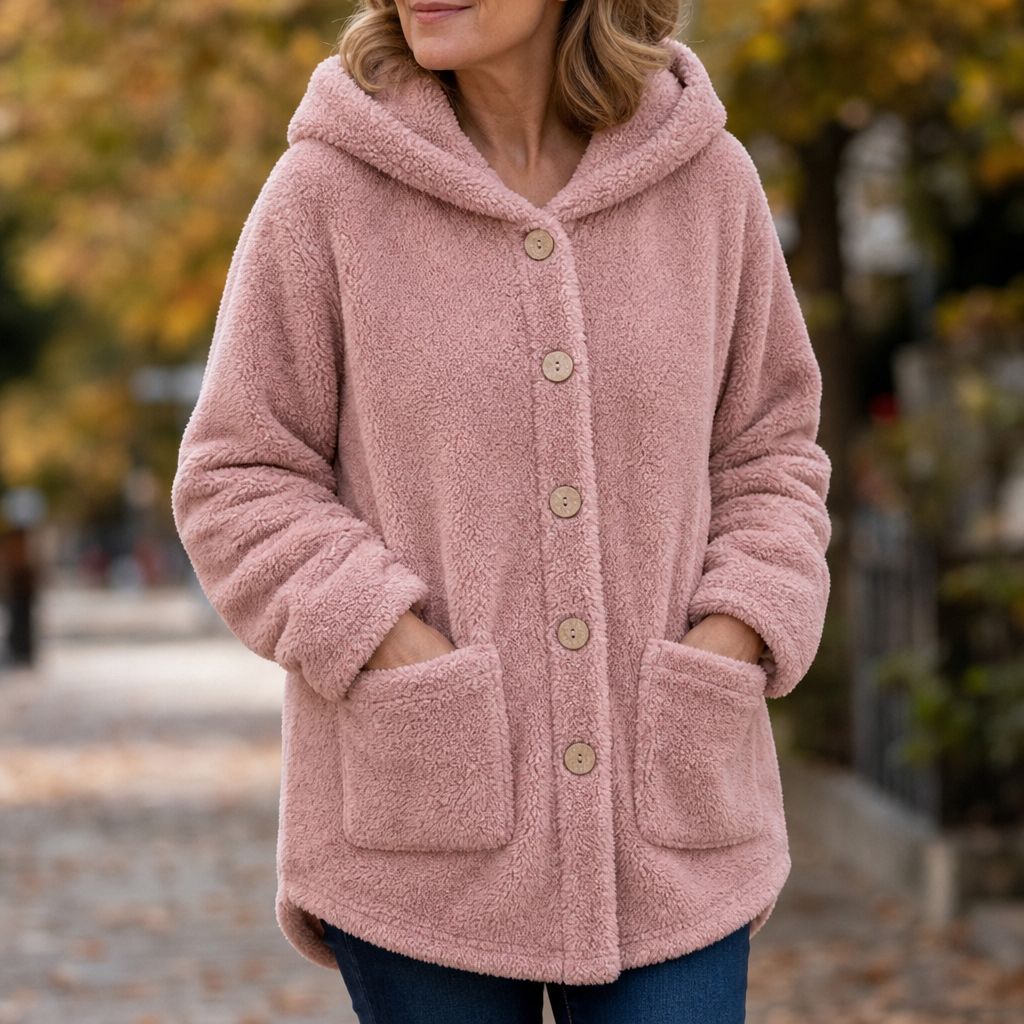 Pink button-front hooded sherpa winter jacket with two chest buttons and front pockets