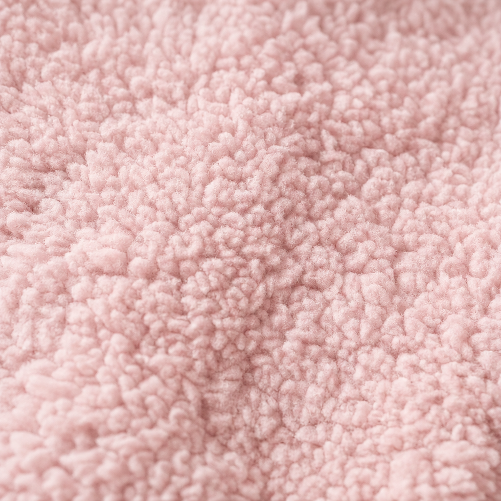 Close-up of pink sherpa fleece texture for a soft winter jacket