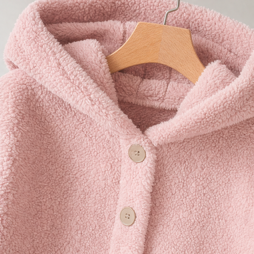 Pink sherpa hooded jacket detail with two-tone buttons and wooden hanger