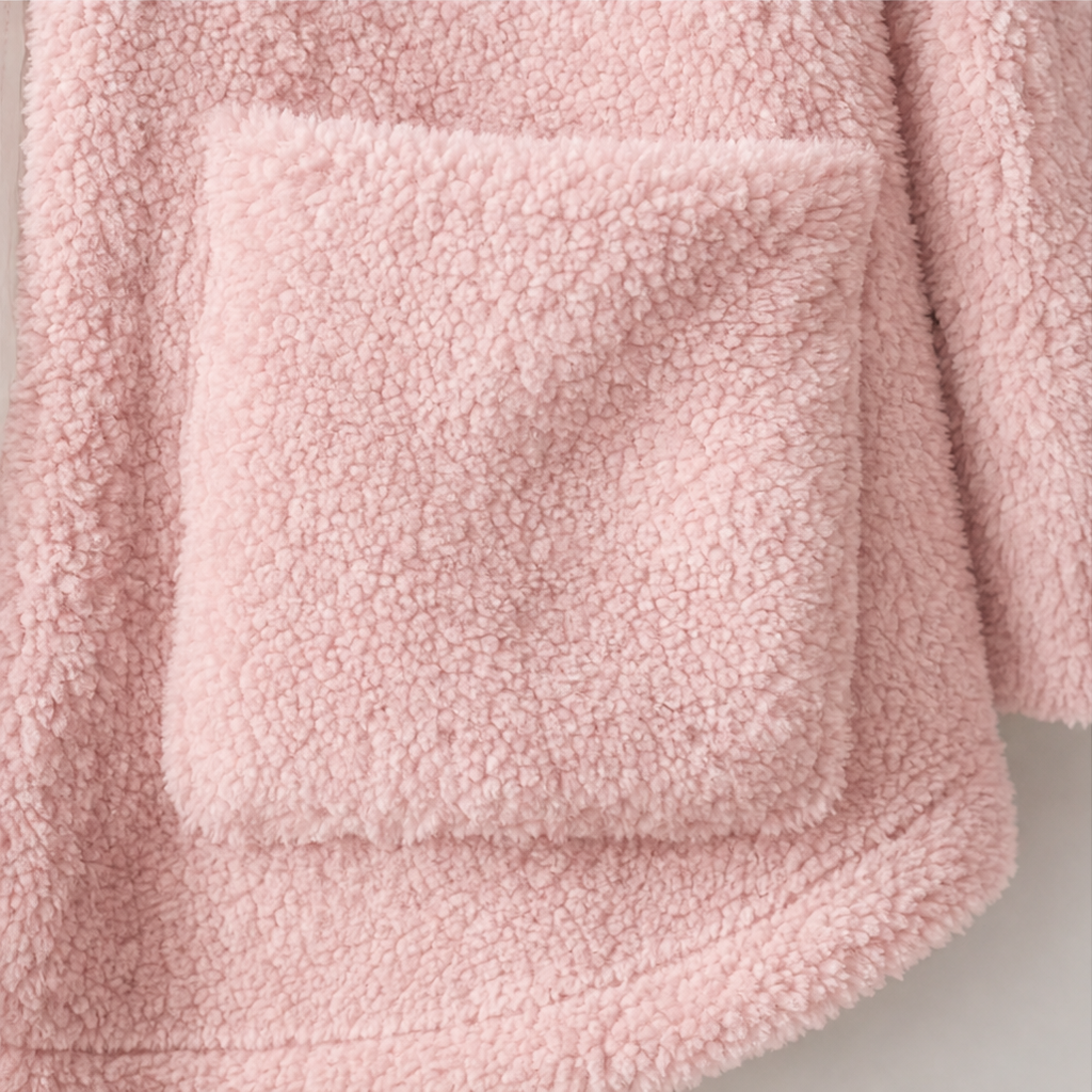 Pink sherpa jacket front patch pocket with soft textured fabric