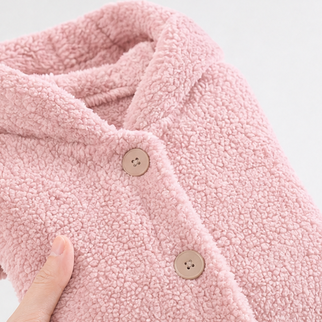 Pink sherpa hooded jacket collar and button detail with textured finish